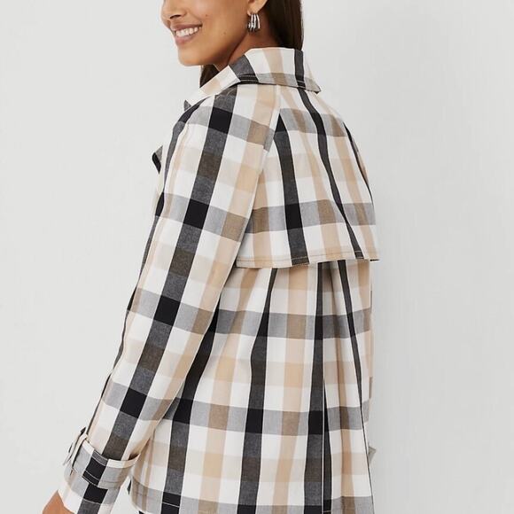 Ann Taylor Medium Weekend Collection tan black cream Plaid Short Trench Coat - Picture 6 of 11